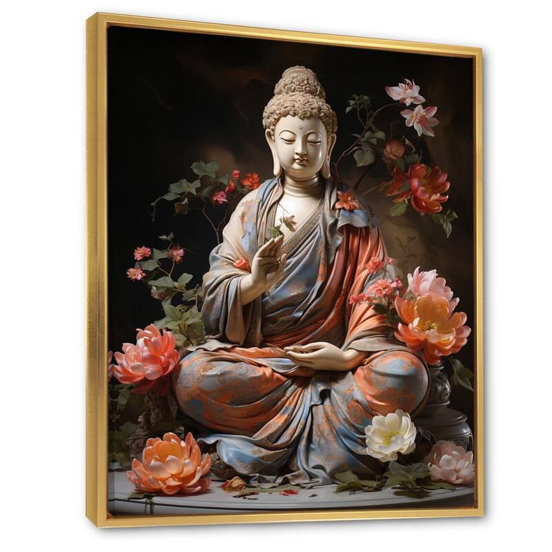 Designart "Coral Grey Buddhist Art Buddhas Gesture" Buddhism Framed Canvas Art Print Bed Bath